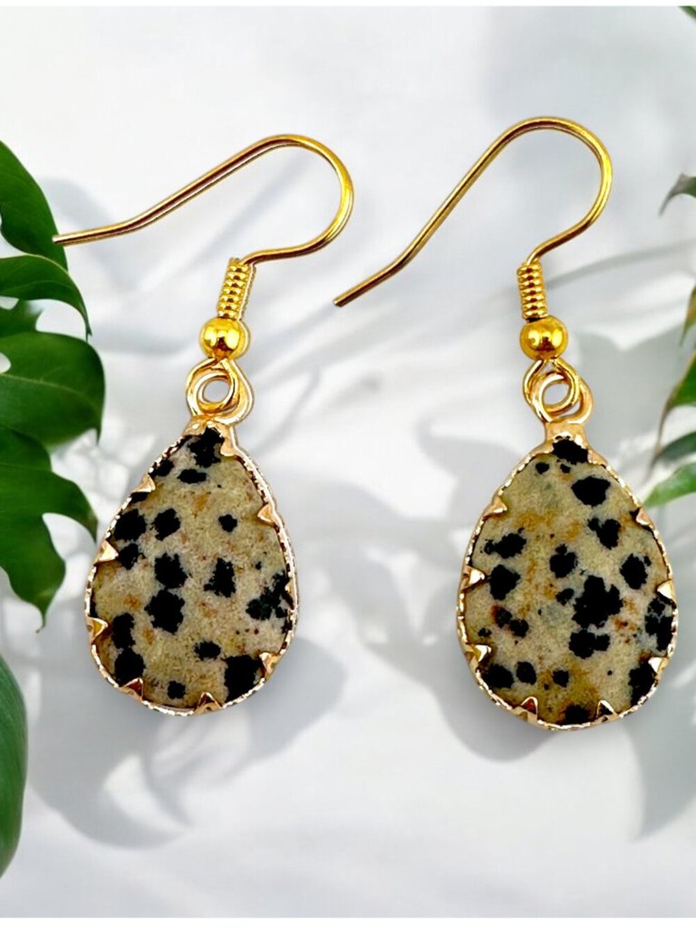 Dalmatian Jasper Earrings Gold Plated Teardrop Dangle Faceted Gemstone Handmade